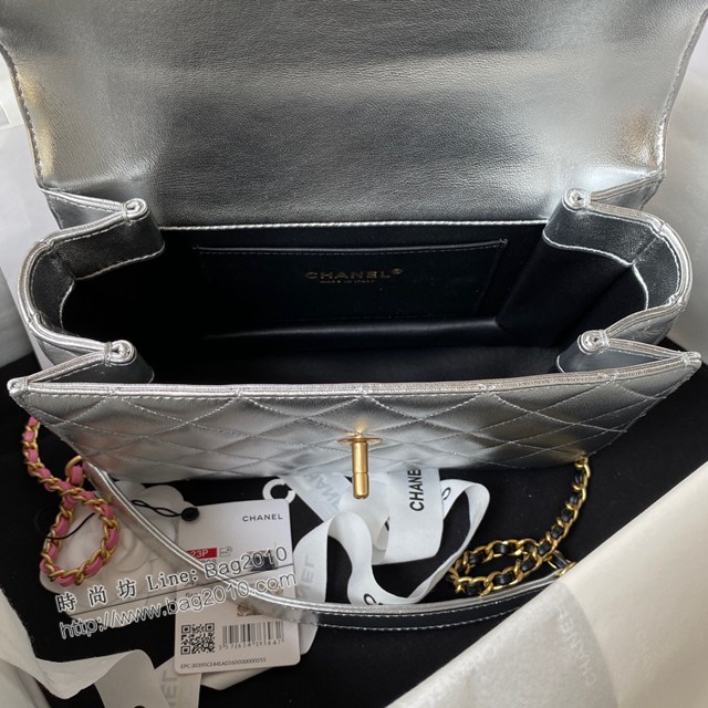 Chanel專櫃23p新款手柄包 AS3908 香奈兒銀色手提肩背斜挎彩色鏈條女包 djc5202